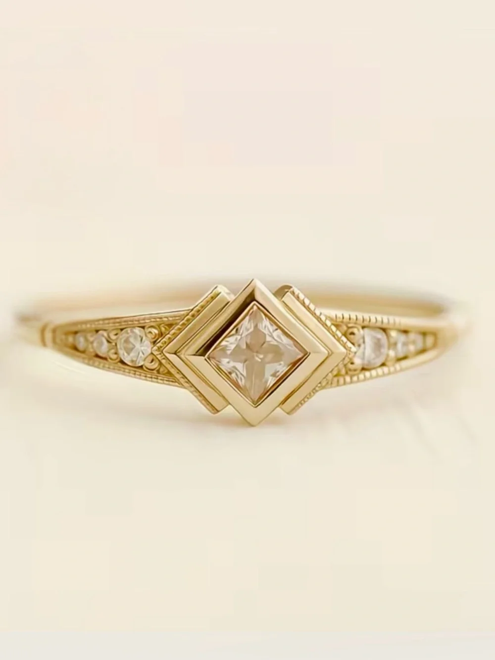 BNIB - Gold Square Cut Halo Ring with Accent Stones